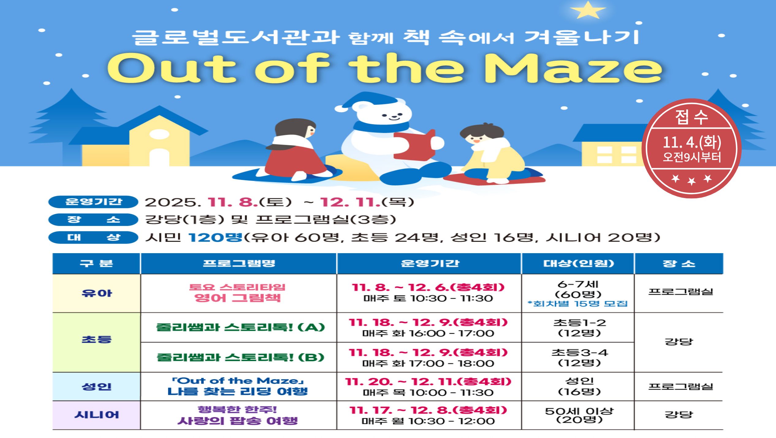 글로벌도서관과 함께 「책 속에서 겨울나기」유아부터 성인까지 두루 참여하실 수 있는 프로그램입니다.
많은 참여 부탁드립니다.