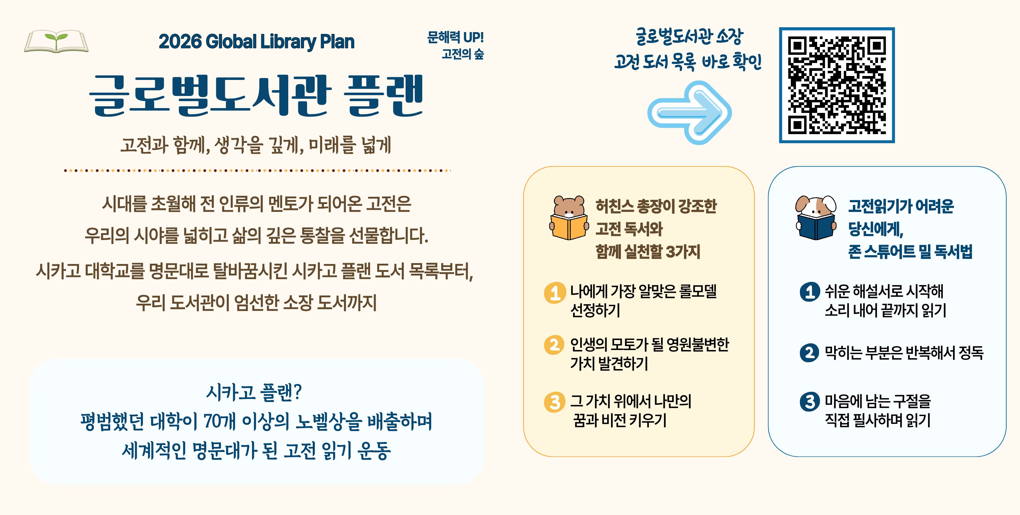 글로벌도서관과 함께하는 문해력 up <고전 읽기> 📖 추천도서 목록📖익숙하지만 막상 펼치기는 두려웠던 고전, 어디서부터 시작해야 할지 고민이셨나요?
시대를 초월해 전 인류의 멘토가 되어온 고전은 우리의 시야를 넓히고 삶의 깊은 통찰을 선물합니다.
시카고 대학교를 명문대로 탈바꿈시킨 ‘시카고 플랜’ 도서 목록부터, 우리 도서관이 엄선한 소장 도서까지!
여러분의 친절한 독서 길잡이가 되어줄 가이드를 준비했습니다. 지금 고전의 숲에 깊이 몰입해 보세요 🌳